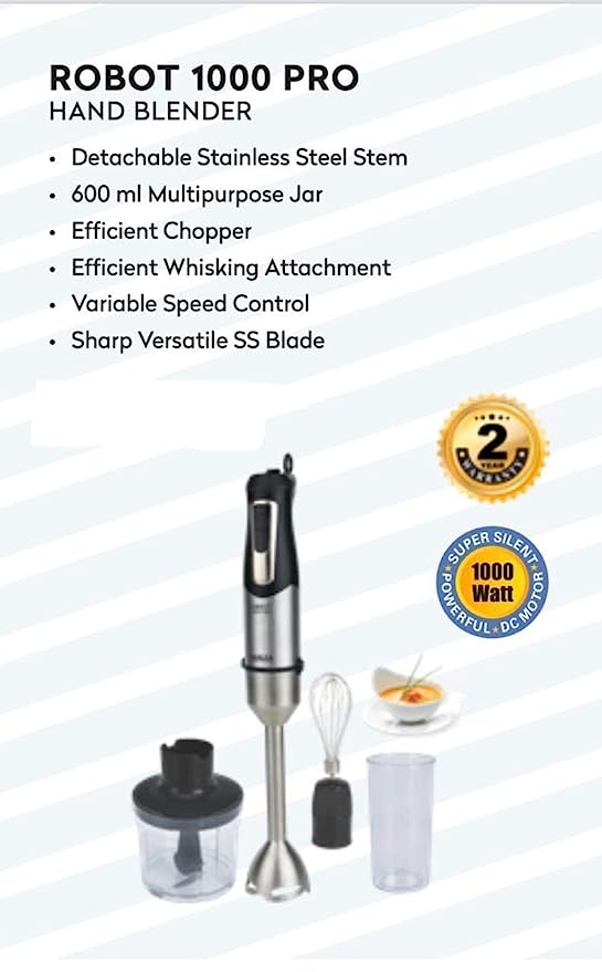 Inalsa Hand Blender Robot 1000 Pro Powerful 3 in 1 | Chopper/Whisker | Silent 1000 Watt DC Motor | Variable Speed | 600 ml Multipurpose Jar |LED Light | 2 Yr. Warranty | (Silver/Black) Inalsa Hand Blender Robot 1000 Pro Powerful 3 in 1 | Chopper/Whisker | Silent 1000 Watt DC Motor | Variable Speed | 600 ml Multipurpose Jar |LED Light | 2 Yr. Warranty | (Silver/Black)